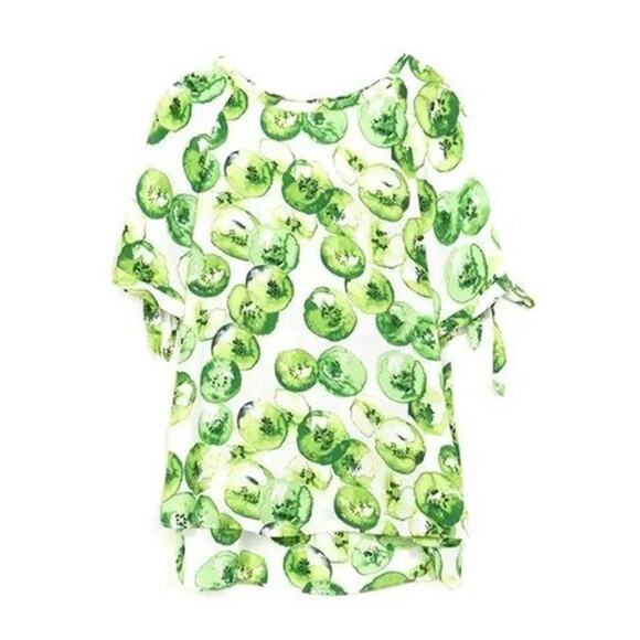 2/$30 ZARA Kiwi Print Blouse White Green Self Tie Cold Shoulder Sleeve S #6092 - Picture 3 of 16